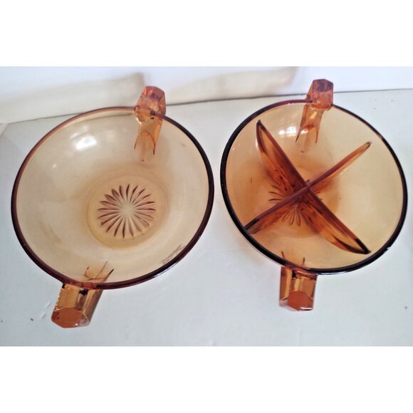 Vintage Amber Depression Glass Candy, Nut, Condiment Bowl set with End Handles - Picture 1 of 15